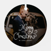 Merry Christmas Whimsical Script Custom Photo メタルオーナメント (裏面)