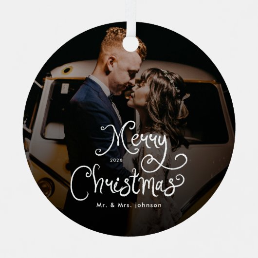 Merry Christmas Whimsical Script  Custom Photo  メタルオーナメント (正面)