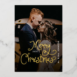 Merry Christmas Whimsical Script Custom Photo 箔シーズンカード