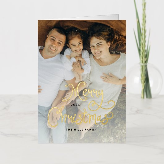 Merry Christmas Whimsical Script Family 12 Photos 箔グリーティングカード (正面)