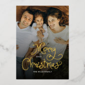 Merry Christmas Whimsical Script  Family 7 Photos 箔シーズンカード (正面)