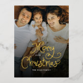 Merry Christmas Whimsical Script Family Photo 箔シーズンポストカード (正面)