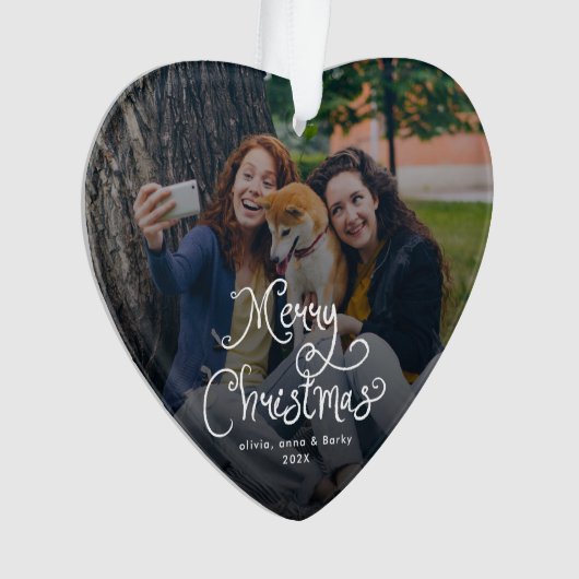 Merry Christmas Whimsical Script Family Photo Dog オーナメント (正面)