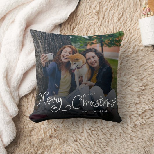 Merry Christmas Whimsical Script Family Photo Dog クッション (ブランケット)