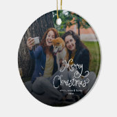 Merry Christmas Whimsical Script Family Photo Dog セラミックオーナメント (左)