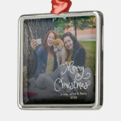 Merry Christmas Whimsical Script Family Photo Dog メタルオーナメント (左)