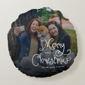 Merry Christmas Whimsical Script Family Photo Dog ラウンドクッション (裏面)