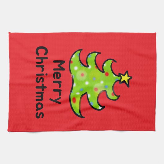 Merry Christmas Whimsical Tree Design キッチンタオル (横)