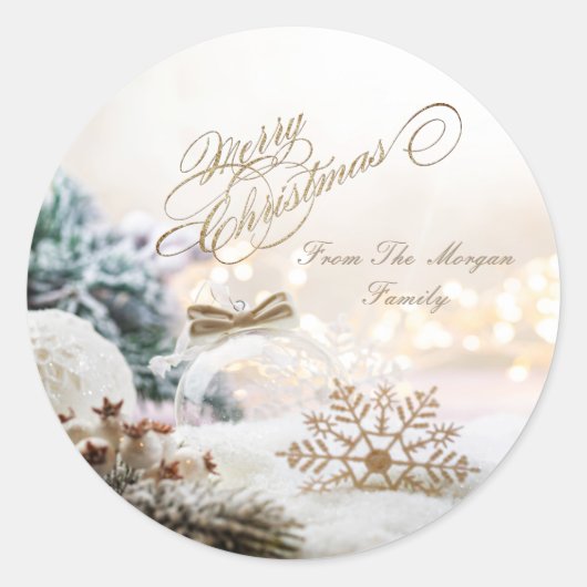 Merry Christmas White Balls Snowflakes  ラウンドシール (正面)