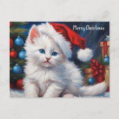 Merry Christmas White Cat and Christmas Tree  シーズンポストカード (正面)