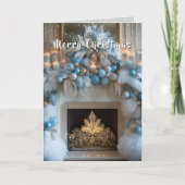 Merry Christmas White Fireplace Blue Ornaments シーズンカード (正面)