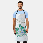 Merry Christmas White Poinsettia Snowflakes エプロン (着用した状態)