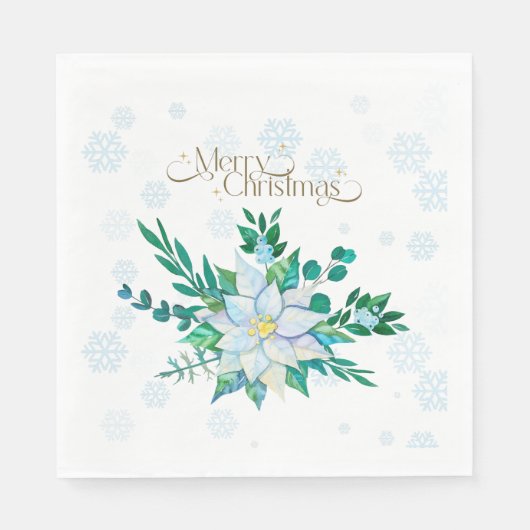 Merry Christmas White Poinsettia Snowflakes スタンダードランチョンナプキン (正面)