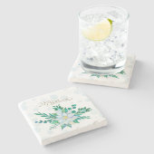 Merry Christmas White Poinsettia Snowflakes ストーンコースター (横)