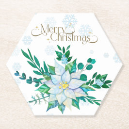 Merry Christmas White Poinsettia Snowflakes ペーパーコースター