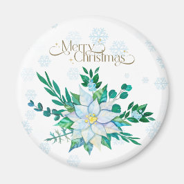 Merry Christmas White Poinsettia Snowflakes マグネット