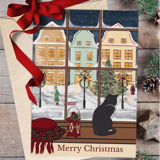 Merry Christmas Winter Scene Cat Greeting Card シーズンカード