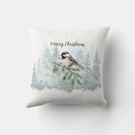 Merry Christmas Winter Spruce Tree Chickadee クッション (裏面)