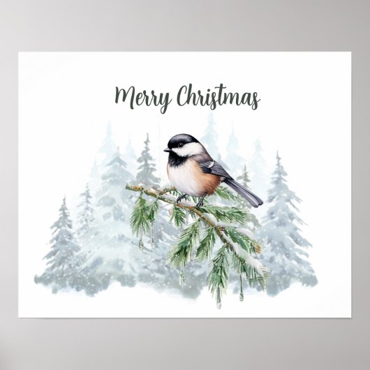 Merry Christmas Winter Spruce Tree Chickadee  ポスター (正面)