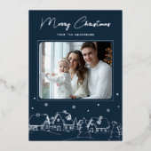 Merry Christmas Winter Village Hand Drawn 箔シーズンカード (正面)