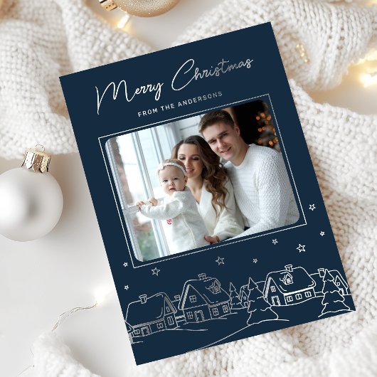 Merry Christmas Winter Village Hand Drawn 箔シーズンカード