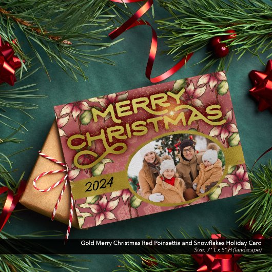 Merry Christmas with Golden Red Poinsettia and Sno シーズンカード