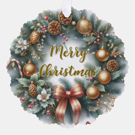 Merry Christmas Wreath Personalized オーナメントカード (正面)