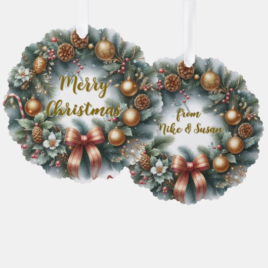 Merry Christmas Wreath Personalized  オーナメントカード (正面/裏面)