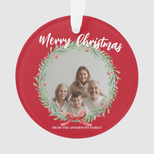 Merry Christmas Wreath Photo Personalized Family N オーナメント (正面)