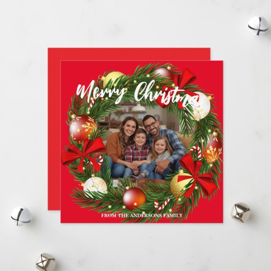 Merry Christmas Wreath Photo Personalized Family N シーズンカード (正面/裏面インサイチュ)