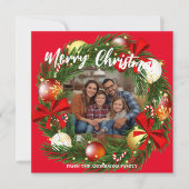 Merry Christmas Wreath Photo Personalized Family N シーズンカード (正面)