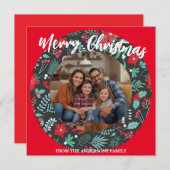 Merry Christmas Wreath Photo Personalized Family N シーズンカード (正面/裏面)