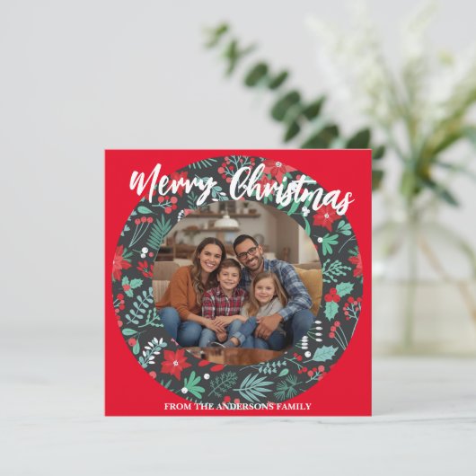 Merry Christmas Wreath Photo Personalized Family N シーズンカード (スタンド正面)