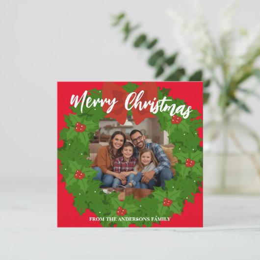 Merry Christmas Wreath Photo Personalized Family N シーズンカード (スタンド正面)