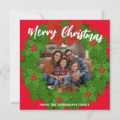 Merry Christmas Wreath Photo Personalized Family N シーズンカード (正面)