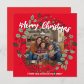 Merry Christmas Wreath Photo Personalized Family N シーズンカード (正面/裏面)