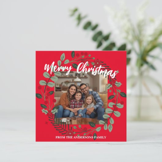 Merry Christmas Wreath Photo Personalized Family N シーズンカード (スタンド正面)