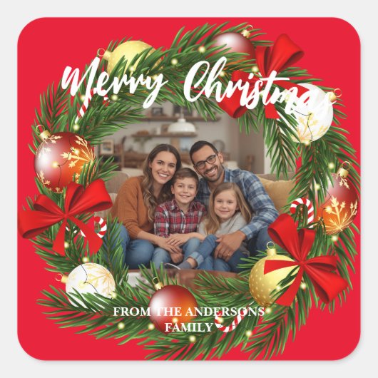 Merry Christmas Wreath Photo Personalized Family N スクエアシール (正面)