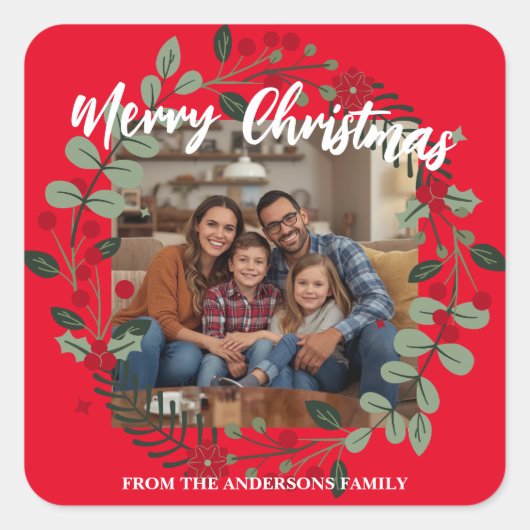 Merry Christmas Wreath Photo Personalized Family N スクエアシール (正面)