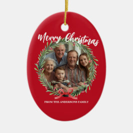 Merry Christmas Wreath Photo Personalized Family N セラミックオーナメント