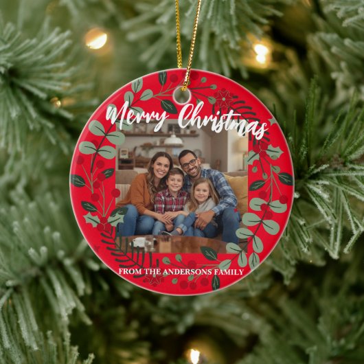 Merry Christmas Wreath Photo Personalized Family N セラミックオーナメント (ツリー)
