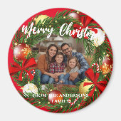 Merry Christmas Wreath Photo Personalized Family N マグネット (正面)