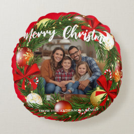 Merry Christmas Wreath Photo Personalized Family N ラウンドクッション