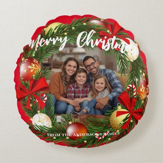 Merry Christmas Wreath Photo Personalized Family N ラウンドクッション (正面)