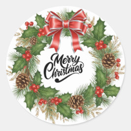 Merry Christmas Wreath Pine Holiday Sticker ラウンドシール