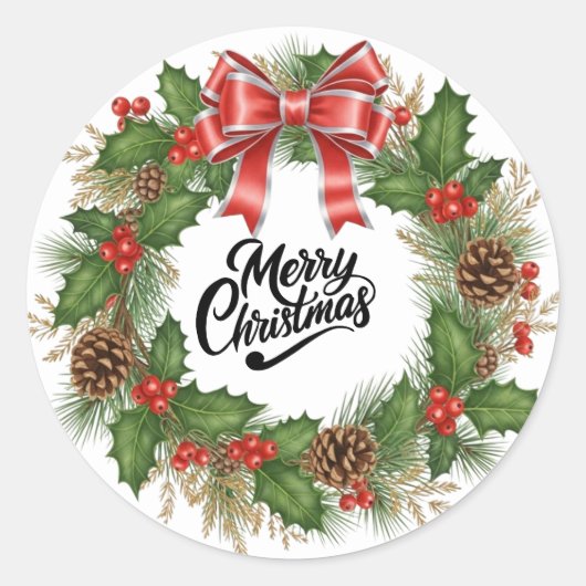 Merry Christmas Wreath Pine Holiday Sticker ラウンドシール (正面)