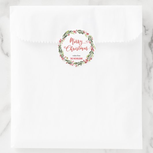 Merry Christmas Wreath Red Script | Wreath ラウンドシール (バッグ)