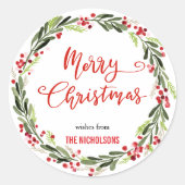 Merry Christmas Wreath Red Script | Wreath ラウンドシール (正面)
