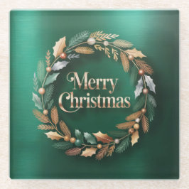 Merry Christmas Wreath Square Glass Coaster ガラスコースター