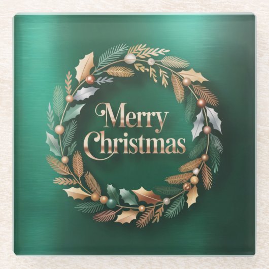 Merry Christmas Wreath Square Glass Coaster ガラスコースター (正面)